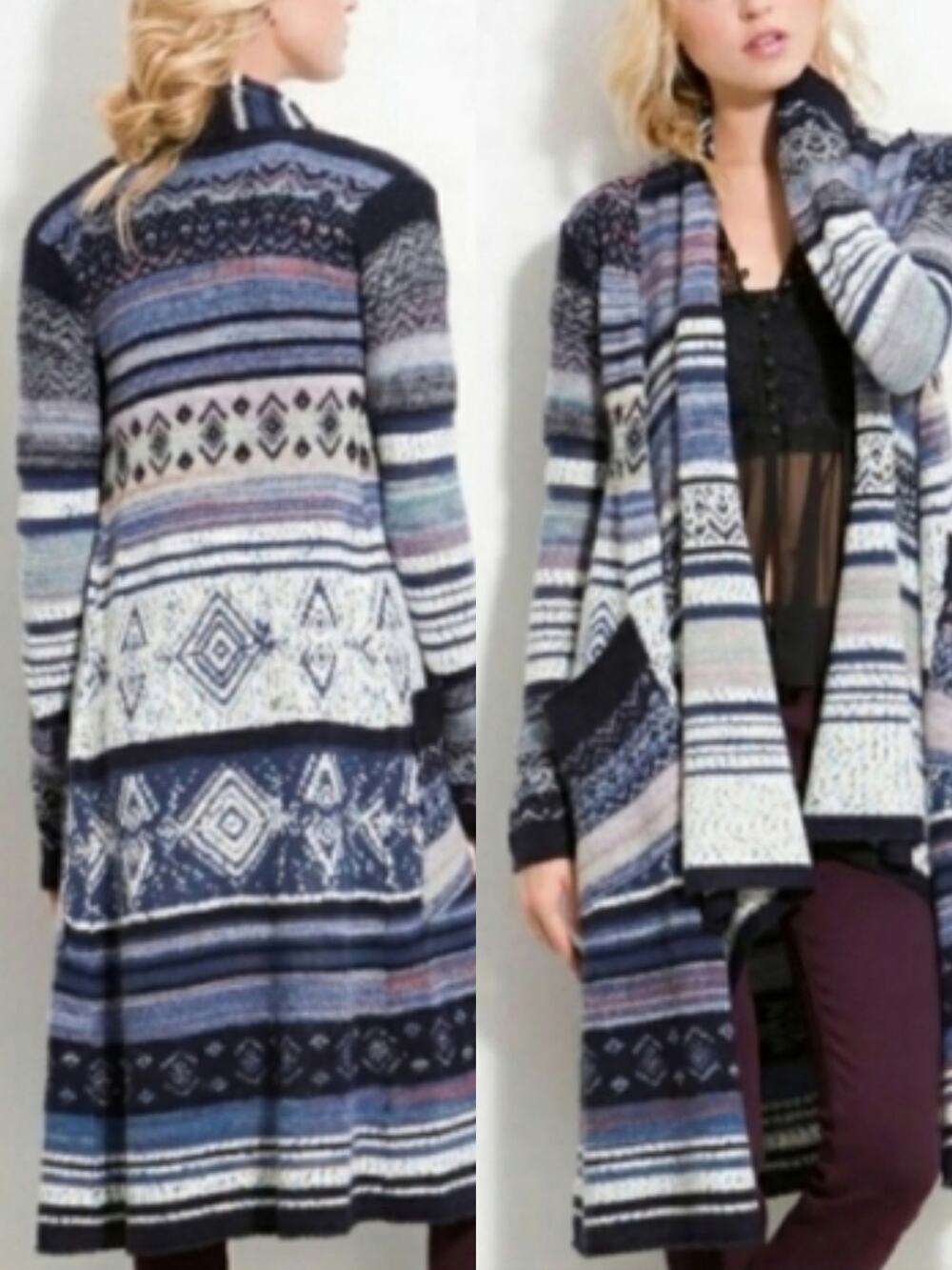 Free People Small Blue Aztec Boho Cardigan Sweater